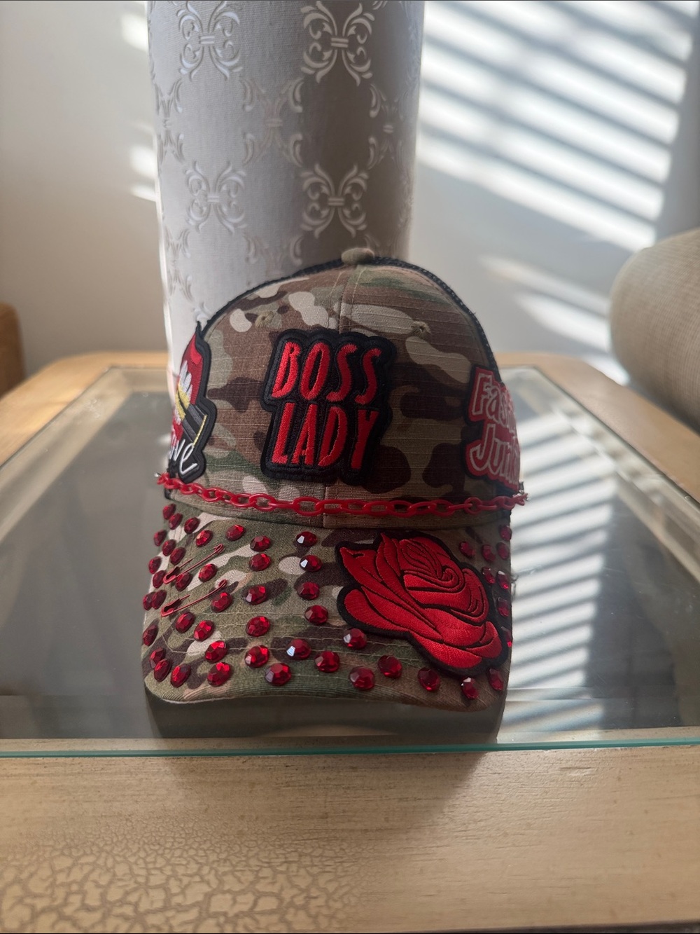 Boss Lady Camo Cap with Red Rose Embroidery